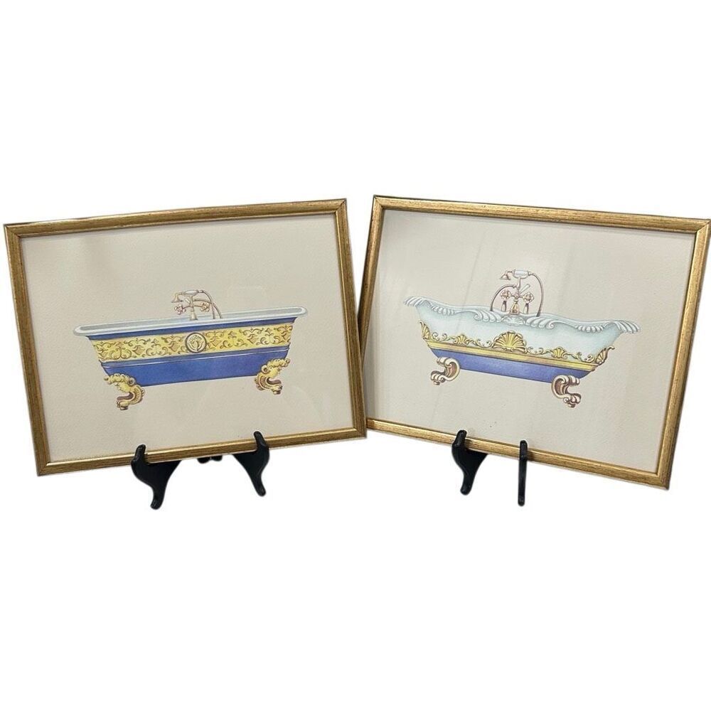 Vtg Pair of Framed Prints of Victorian-style Bathtubs by Artist Consuelo Gamboa
